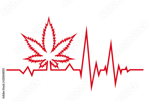 Red heartbeat with medical marjuana. White background.