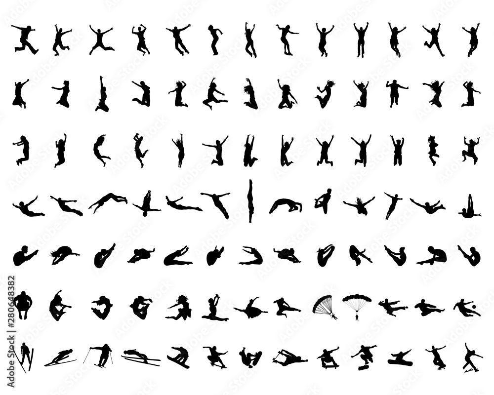 Black silhouette of people jumping on a white background Black silhouette of people jumping on a white background