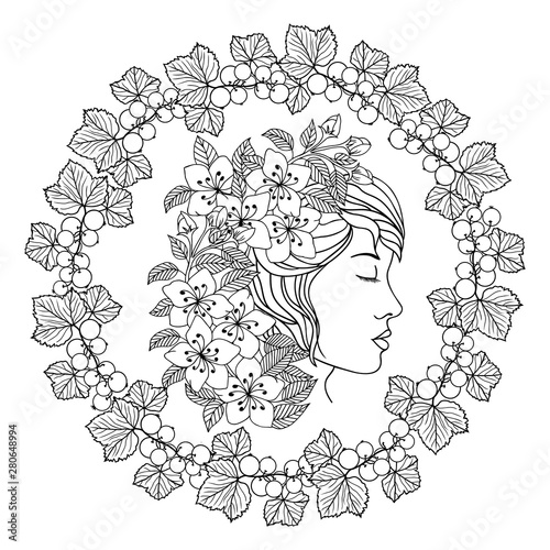 Vector illustration zentangl. Portrait of a girl in a frame of currant berries. Coloring book. Antistress for adults and children. Work done in manual mode. Black and white.