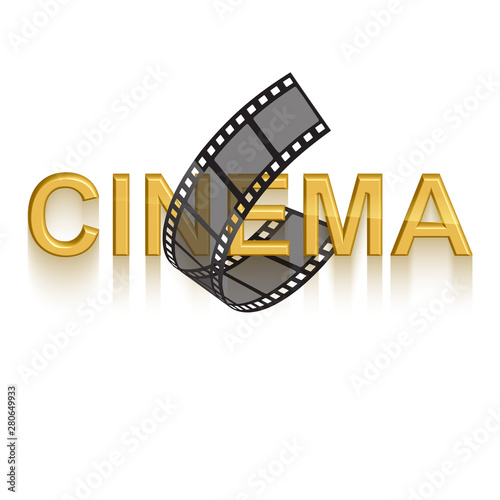 Fototapeta Naklejka Na Ścianę i Meble -  Cinema poster design template. 3d golden text of cinema decorated with filmstrip on white background