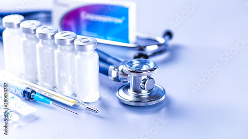 Drug prescription for treatment medication. Pharmaceutical medicament, cure in container for health. Pharmacy theme, capsule pills with medicine antibiotic in packages. Stethoscope