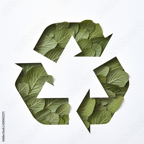 Sign recycle from green leaves and white cardboard with copy space. Eco environment garbage recycling concept. Flat lay
