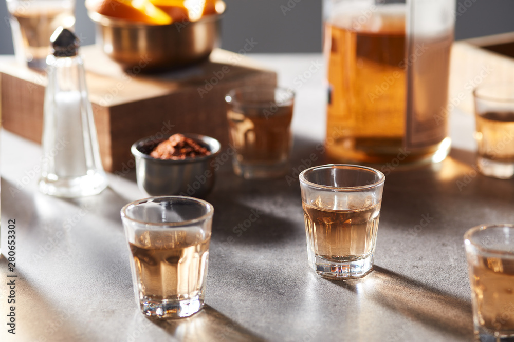 Shots of alcohol in sunlight. Shots of alcohol in sunlight.