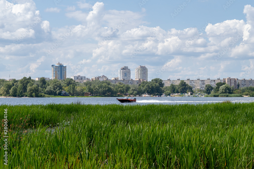 Panoramic landscape view of Dnipro river and its Right bank of Obolon district, Kyiv 