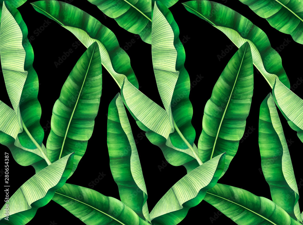 Obraz premium Seamless pattern with banana leaves. Hand drawn watercolor illustration.