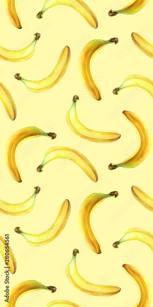 Seamless pattern with bananas isolated on yellow. Watercolor illustration. Seamless pattern with bananas isolated on yellow. Watercolor illustration.