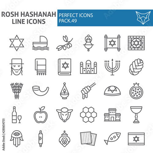 Rosh Hashanah line icon set, shana tova symbols collection, vector sketches, logo illustrations, israel signs linear pictograms package isolated on white background.