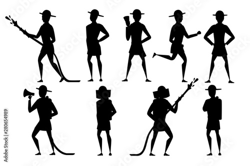 Black silhouette set of adult male firefighter stand on ground wearing fireproof form cartoon character design flat vector illustration