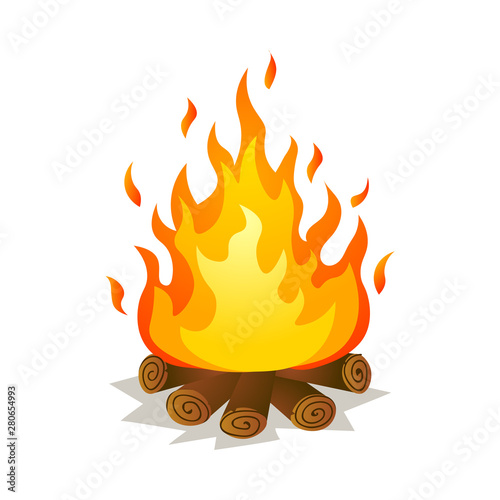 Hot burning big flame campfire with tree woods