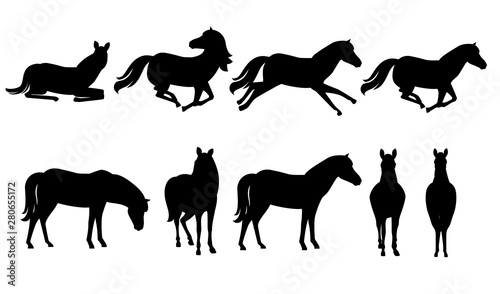 Black silhouette set of brown horse wild or domestic animal cartoon design flat vector illustration isolated on white background