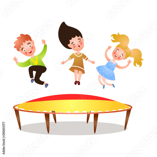 Cute happy girl and boy jumping at yard trampoline