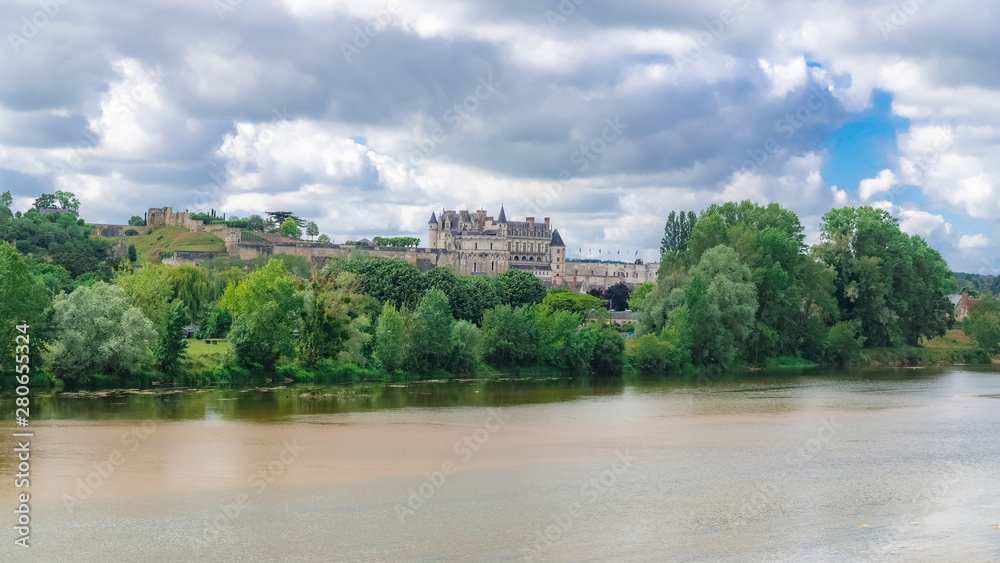 Amboise castle in France, beautiful French heritage, panorama with the river Loire in spring