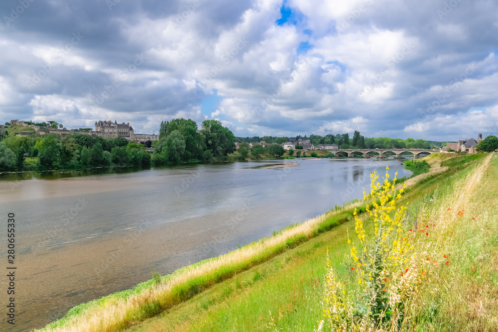 Amboise castle in France, beautiful French heritage, panorama with the river Loire in spring