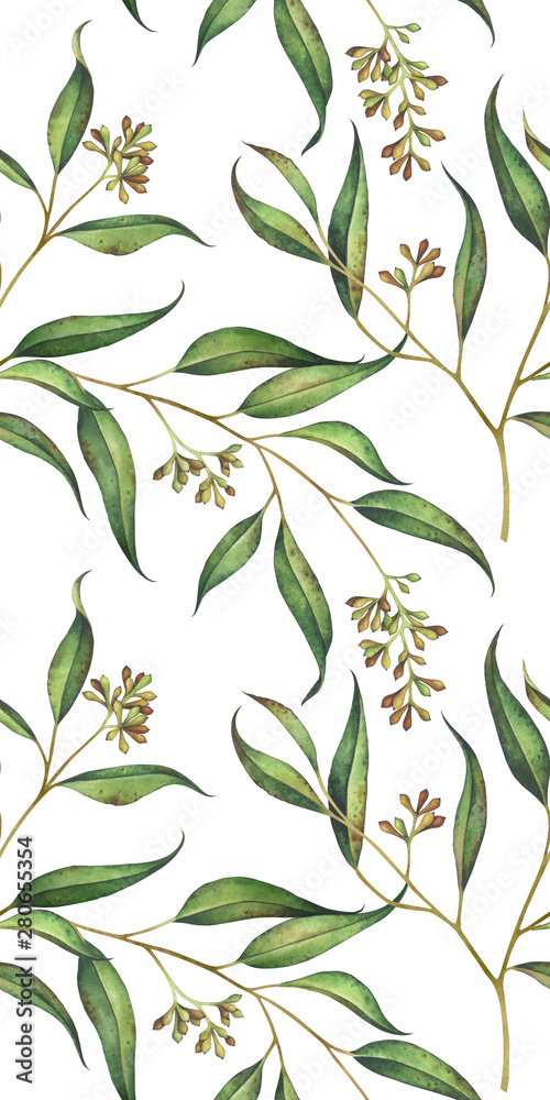 Fototapeta premium Seamless floral pattern with eucalyptus branches. Watercolor illustration.