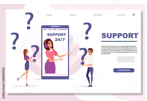 Concept customer support and operator online technical support 24-7 on smartphone display cartoon character design flat vector illustration website page design