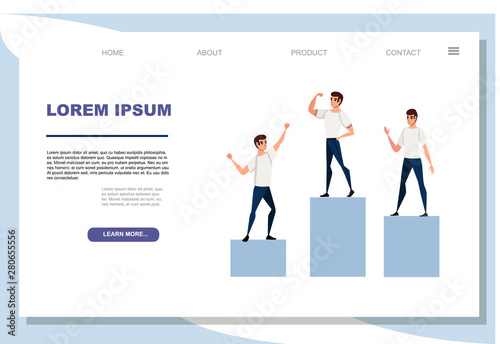 Winners podium with sports persons standing on it flat vector illustration on white background advertising banner website page design