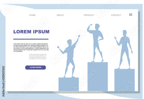 Winners podium with sports persons standing on it flat vector illustration on white background advertising banner website page design
