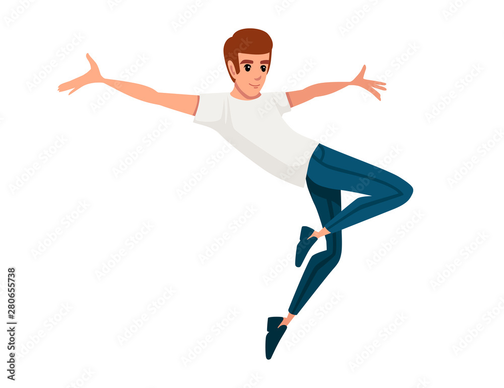 Happy jumping man cartoon character design flat vector illustration isolated on white background
