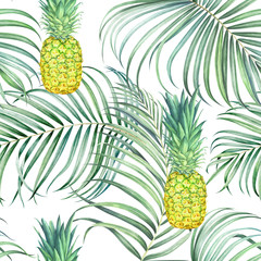 Keuken achterwand Ananas patronen Aquarel ananassen met tropische takken  © Oleksandra