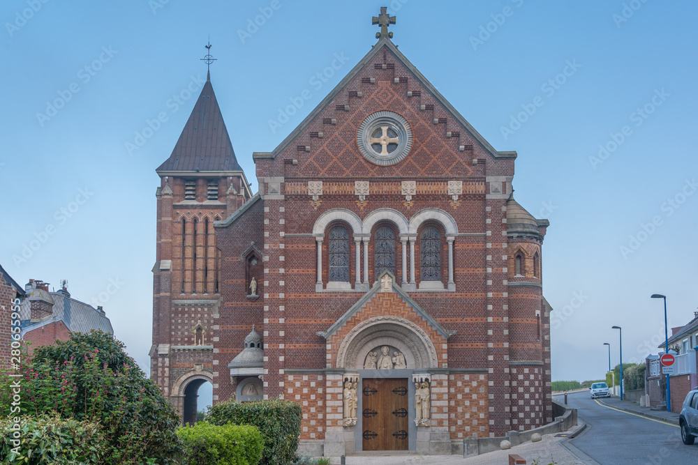 Mers-Les-Bains, France - 04 30 2019: Parish Church Mers at Sunrise