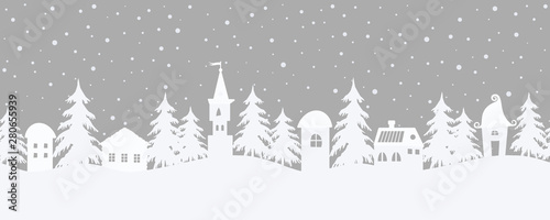 Christmas background. Fairy tale winter landscape. Seamless border. There are fantastic houses and fir trees on a gray background. White silhouettes and snowing in the image. Vector illustration