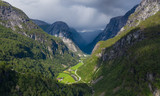 the beautiful view on Naeroydalen valley and peaks on Stalheim, Voss in Hordaland, Norway.