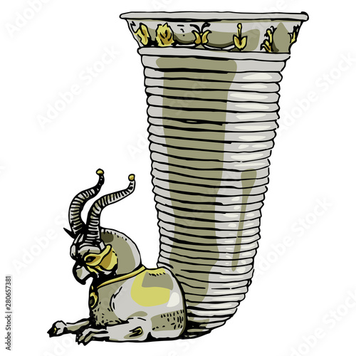 Ancient Persian silver rhyton with fantastic animal. Achaemenid Iranian art. hand drawn sketch.