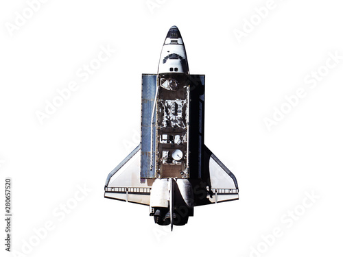 Fototapeta Naklejka Na Ścianę i Meble -  Space Shuttle with open cargo bay and satellites inside isolated on white background