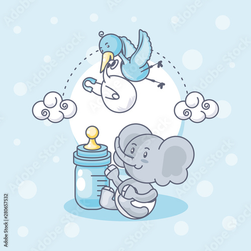 baby shower card with stork and elephant