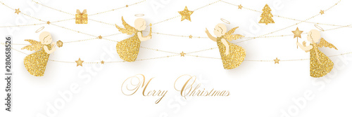 Merry Christmas card with angels and gifts
