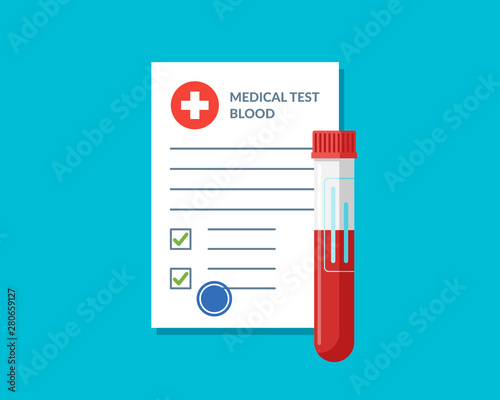 Blood test tube container and medical lab form list with results data and approved check mark vector illustration. Flat clinical exam checklist document with results. Medicine service concept