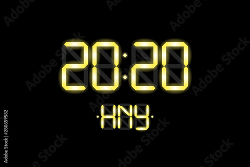 Happy New Year xmas card with lcd electronic display clock numbers 2020 and HNY golden letters on black background. Merry Christmas celebration gold vector illustration