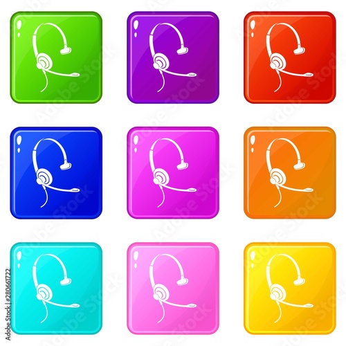Headphones with microphone icons set 9 color collection isolated on white for any design