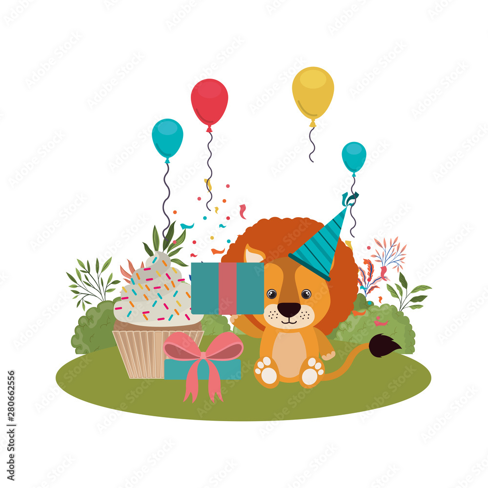 Fototapeta premium cute lion with cake of happy birthday