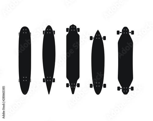 Vector flat black longboard icon set collection isolated on white background