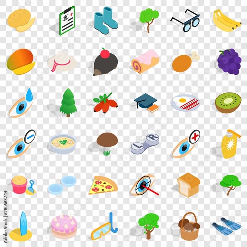 Health food icons set. Isometric style of 36 health food vector icons for web for any design