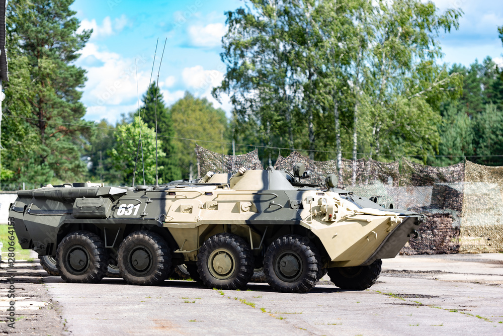 Army equipment. Armored personnel carrier in a military town. Armored vehicle intelligence.