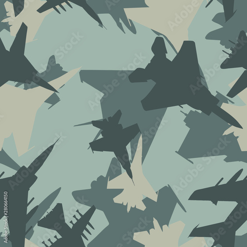 Seamless subtle gray military jet fighters aircraft silhouettes camouflage pattern vector