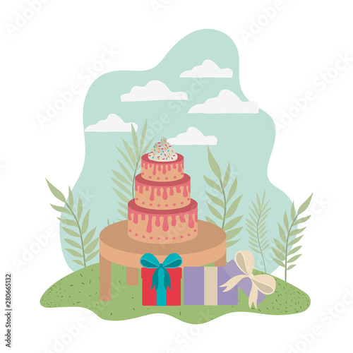 cake on wooden table of happy birthday