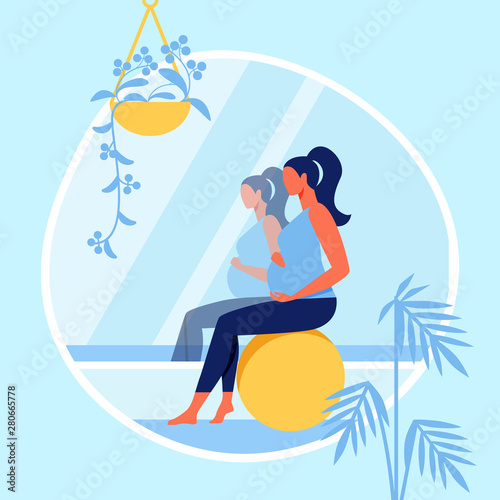 Pregnant Woman Sitting on Fitness Ball near Mirror