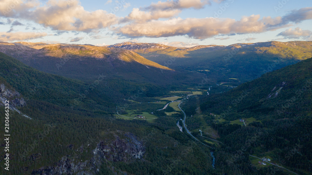 Sunset and beautiful view on Naeroydalen Valley and Peaks On Stalheim, Voss Norway