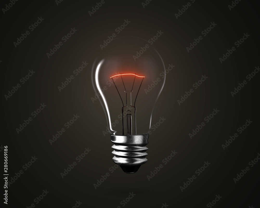 One light bulb with red wire, isolated on dark black background, 3D rendering. One light bulb with red wire, isolated on dark black background, 3D rendering.