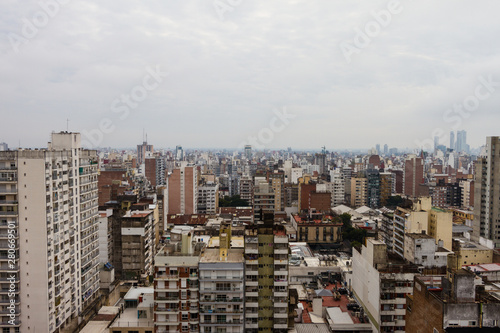 View of Rosario city at a cloudy day. Rosario view from the top. Rosario City with buildings. Skyline. Rosario, Santa Fe, Argentina.
