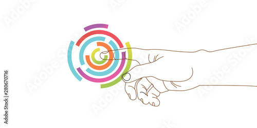 hand reaching for the touch button, pressing the button, starting the future
