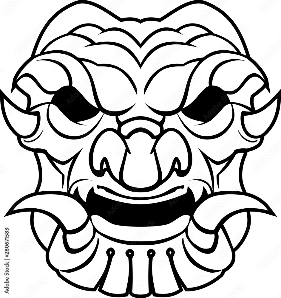 Line Art Samurai Mask, Outline Strokes Line Art Samurai Mask, Outline Strokes