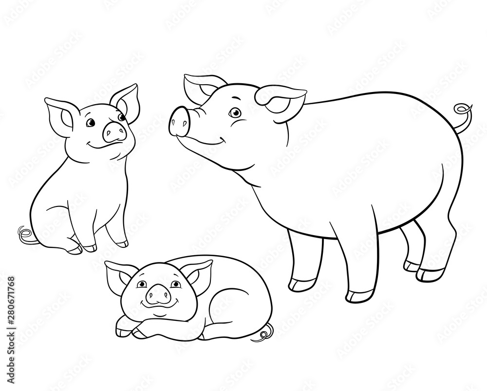 Obraz premium Coloring pages. Mother pig with her two little cute piglets.