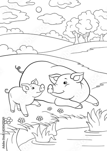 Coloring pages. Mother pig with her little cute piglet near the pondr the pond.