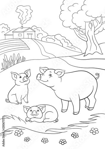 Coloring pages. Mother pig with her little cute piglets.