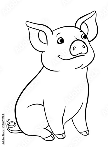 Coloring pages. Little cute piglet sits and smiles.