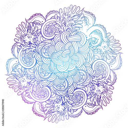 Vector sea creatures colorful doodle background. Underwater world mandala motif.